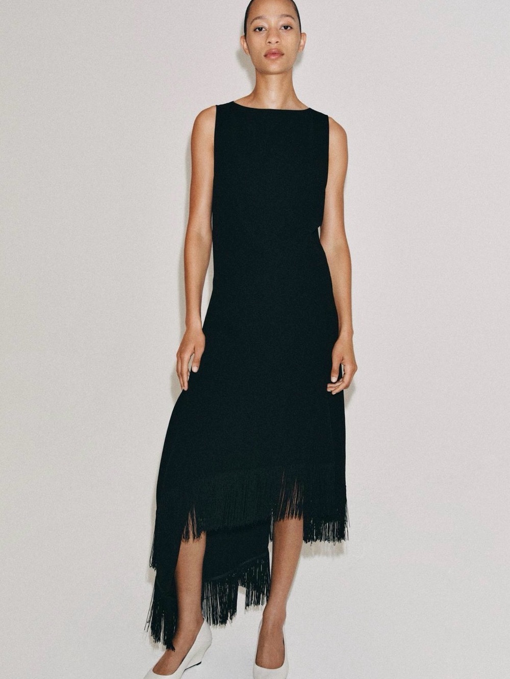 Zara Black Sleeveless Asymmetric Fringe Midi Dress (can fit a S)